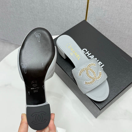 CC HIGH HEEL 25S IN DUSTY BLUE GREY CALFSKIN WITH LOGO