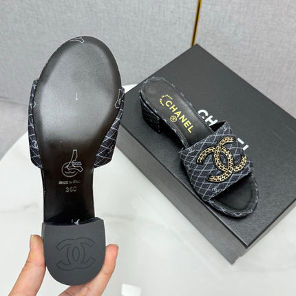 CC HIGH HEEL 25S IN BLACK DENIM STRIPED PATTERN WITH LOGO PRINT