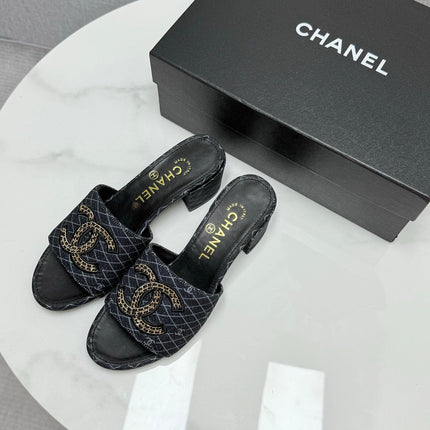 CC HIGH HEEL 25S IN BLACK DENIM STRIPED PATTERN WITH LOGO PRINT