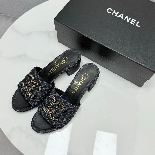 CC HIGH HEEL 25S IN BLACK DENIM STRIPED PATTERN WITH LOGO PRINT