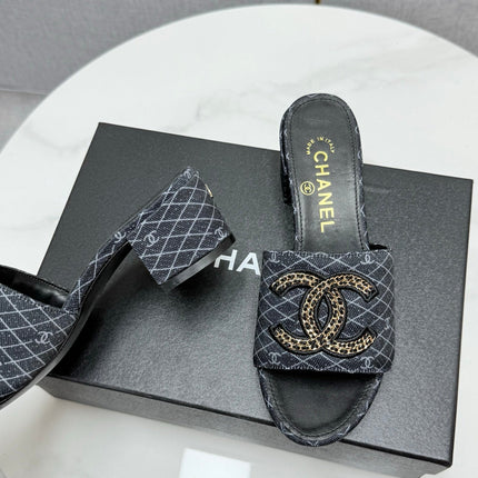 CC HIGH HEEL 25S IN BLACK DENIM STRIPED PATTERN WITH LOGO PRINT