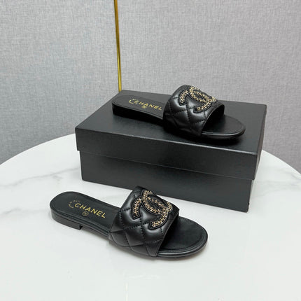 CC SLIDE SANDALS 25S IN BLACK CALFSKIN WITH LOGO