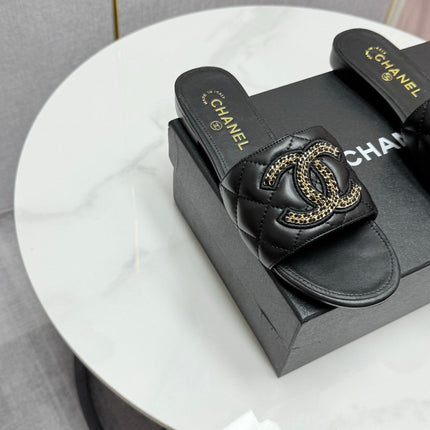 CC SLIDE SANDALS 25S IN BLACK CALFSKIN WITH LOGO