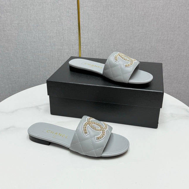 CC SLIDE SANDALS 25S IN DUSTY BLUE GREY CALFSKIN WITH LOGO