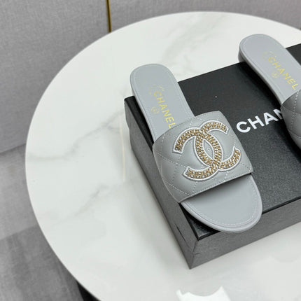 CC SLIDE SANDALS 25S IN DUSTY BLUE GREY CALFSKIN WITH LOGO