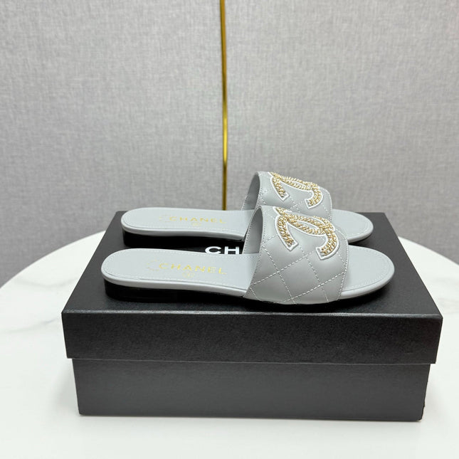 CC SLIDE SANDALS 25S IN DUSTY BLUE GREY CALFSKIN WITH LOGO