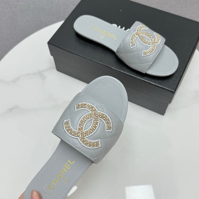 CC SLIDE SANDALS 25S IN DUSTY BLUE GREY CALFSKIN WITH LOGO