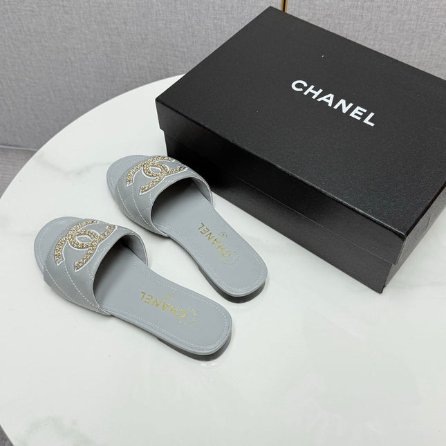 CC SLIDE SANDALS 25S IN DUSTY BLUE GREY CALFSKIN WITH LOGO