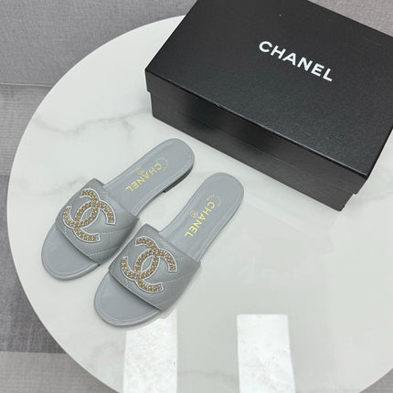 CC SLIDE SANDALS 25S IN DUSTY BLUE GREY CALFSKIN WITH LOGO