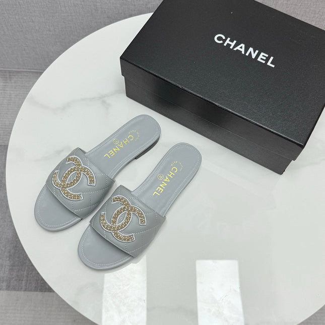 CC SLIDE SANDALS 25S IN DUSTY BLUE GREY CALFSKIN WITH LOGO