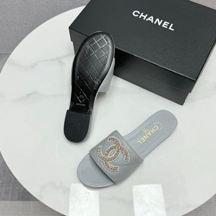 CC SLIDE SANDALS 25S IN DUSTY BLUE GREY CALFSKIN WITH LOGO