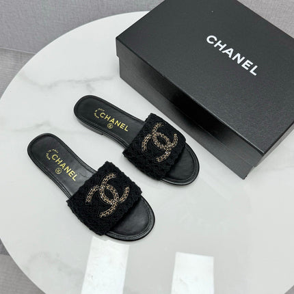 CC SLIDE SANDALS 25S IN BLACK FABRIC AND CALFSKIN WITH LOGO
