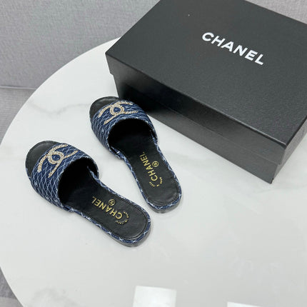 CC SLIDE SANDALS 25S IN DARK BLUE DENIM AND CALFSKIN WITH LOGO