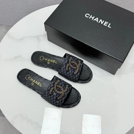CC SLIDE SANDALS 25S IN BLACK DENIM AND CALFSKIN WITH LOGO