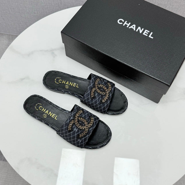 CC SLIDE SANDALS 25S IN BLACK DENIM AND CALFSKIN WITH LOGO