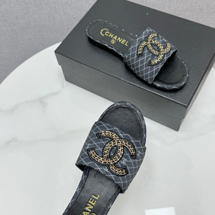 CC SLIDE SANDALS 25S IN BLACK DENIM AND CALFSKIN WITH LOGO