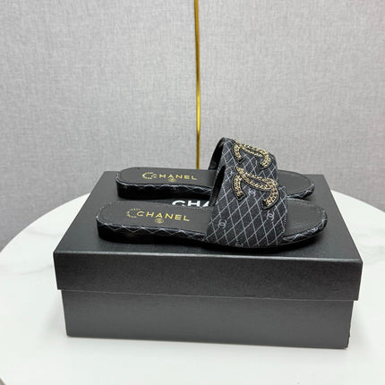 CC SLIDE SANDALS 25S IN BLACK DENIM AND CALFSKIN WITH LOGO