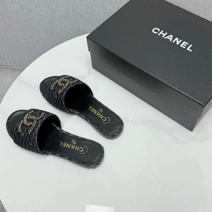 CC SLIDE SANDALS 25S IN BLACK DENIM AND CALFSKIN WITH LOGO