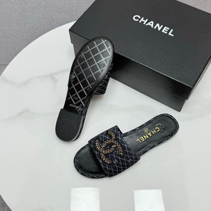 CC SLIDE SANDALS 25S IN BLACK DENIM AND CALFSKIN WITH LOGO