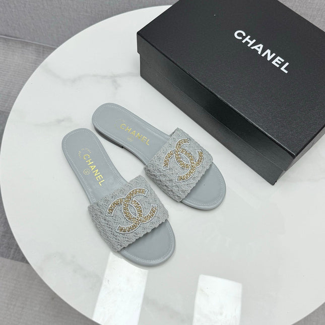 CC SLIDE SANDALS 25S IN DUSTY BLUE GREY FABRIC AND CALFSKIN WITH LOGO
