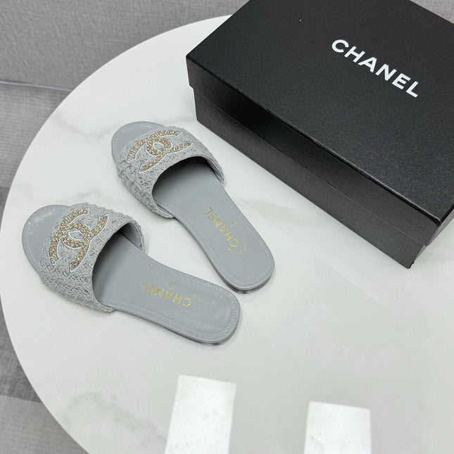 CC SLIDE SANDALS 25S IN DUSTY BLUE GREY FABRIC AND CALFSKIN WITH LOGO