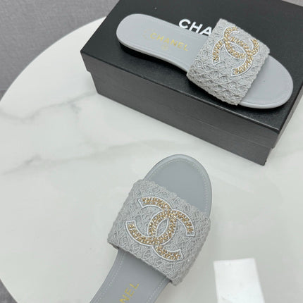 CC SLIDE SANDALS 25S IN DUSTY BLUE GREY FABRIC AND CALFSKIN WITH LOGO