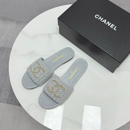 CC SLIDE SANDALS 25S IN DUSTY BLUE GREY FABRIC AND CALFSKIN WITH LOGO