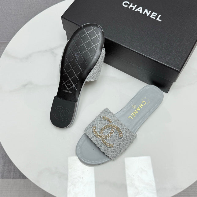 CC SLIDE SANDALS 25S IN DUSTY BLUE GREY FABRIC AND CALFSKIN WITH LOGO