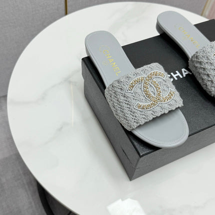 CC SLIDE SANDALS 25S IN DUSTY BLUE GREY FABRIC AND CALFSKIN WITH LOGO