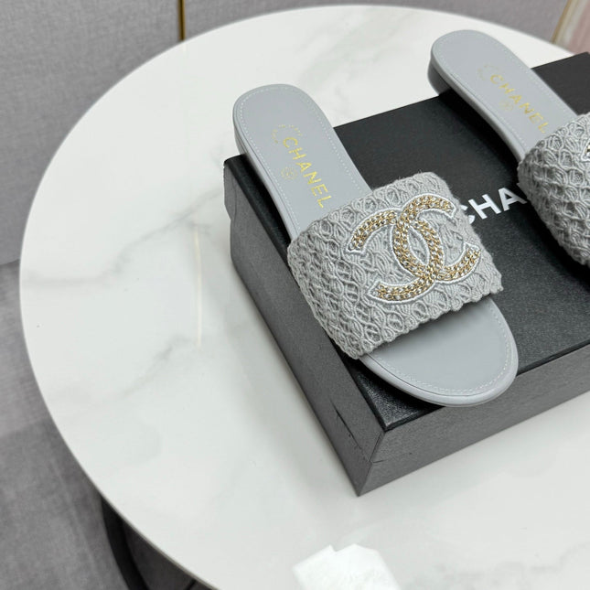 CC SLIDE SANDALS 25S IN DUSTY BLUE GREY FABRIC AND CALFSKIN WITH LOGO