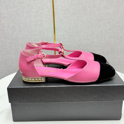 CC MARY JANE 25S IN PINK LAMBSKIN AND BLACK SUEDE WITH PEARL HEEL