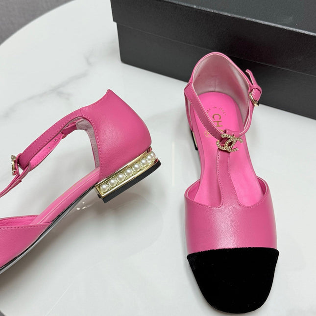 CC MARY JANE 25S IN PINK LAMBSKIN AND BLACK SUEDE WITH PEARL HEEL