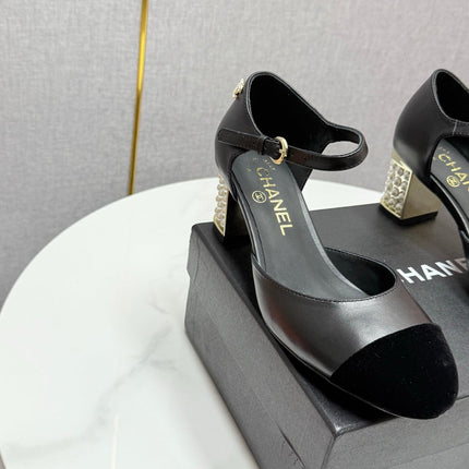 CC MARY JANE HEELS 25S IN BLACK LAMBSKIN AND SUEDE WITH PEARL HEEL STYLE 5