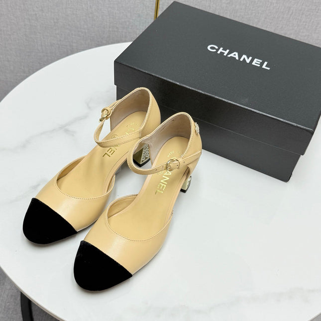 CC MARY JANE HEELS 25S IN BEIGE LAMBSKIN AND SUEDE WITH PEARL HEEL STYLE 6