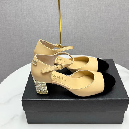 CC MARY JANE HEELS 25S IN BEIGE LAMBSKIN AND SUEDE WITH PEARL HEEL STYLE 6