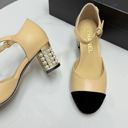 CC MARY JANE HEELS 25S IN BEIGE LAMBSKIN AND SUEDE WITH PEARL HEEL STYLE 6