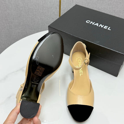 CC MARY JANE HEELS 25S IN BEIGE LAMBSKIN AND SUEDE WITH PEARL HEEL STYLE 6