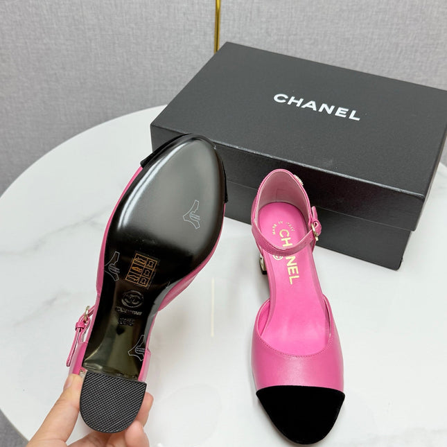 CC MARY JANE HEELS 25S IN PINK LAMBSKIN AND BLACK SUEDE WITH PEARL HEEL STYLE 8