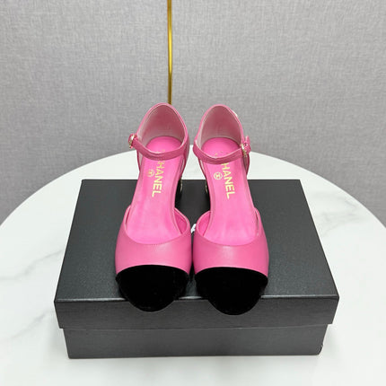 CC MARY JANE HEELS 25S IN PINK LAMBSKIN AND BLACK SUEDE WITH PEARL HEEL STYLE 8