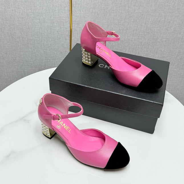 CC MARY JANE HEELS 25S IN PINK LAMBSKIN AND BLACK SUEDE WITH PEARL HEEL STYLE 8