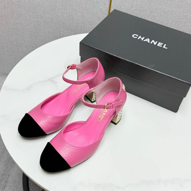 CC MARY JANE HEELS 25S IN PINK LAMBSKIN AND BLACK SUEDE WITH PEARL HEEL STYLE 8