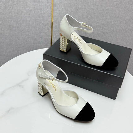CC MARY JANE HEELS 25S IN WHITE LAMBSKIN AND BLACK SUEDE WITH PEARL HEEL STYLE 4