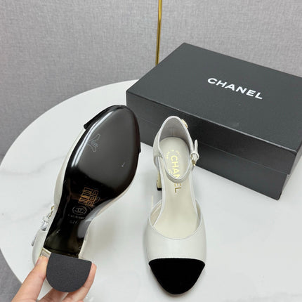 CC MARY JANE HEELS 25S IN WHITE LAMBSKIN AND BLACK SUEDE WITH PEARL HEEL STYLE 4