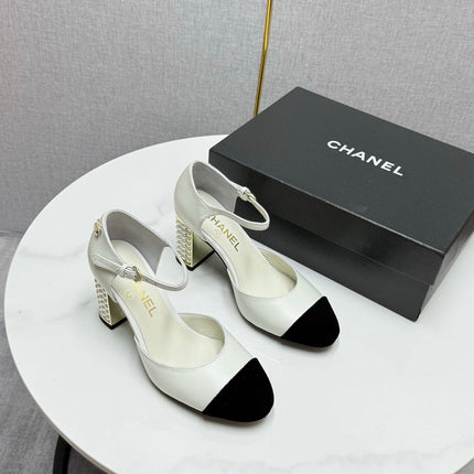 CC MARY JANE HEELS 25S IN WHITE LAMBSKIN AND BLACK SUEDE WITH PEARL HEEL STYLE 4