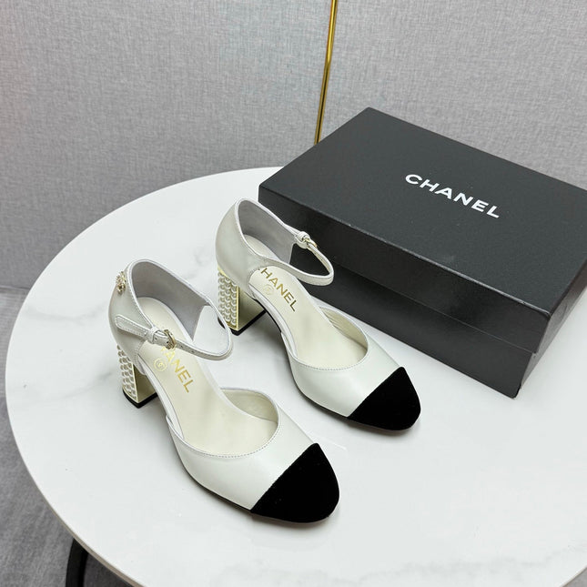 CC MARY JANE HEELS 25S IN WHITE LAMBSKIN AND BLACK SUEDE WITH PEARL HEEL STYLE 4