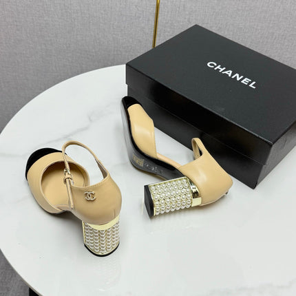 CC MARY JANE HEELS 25S IN BEIGE LAMBSKIN AND SUEDE WITH PEARL HEEL STYLE 3