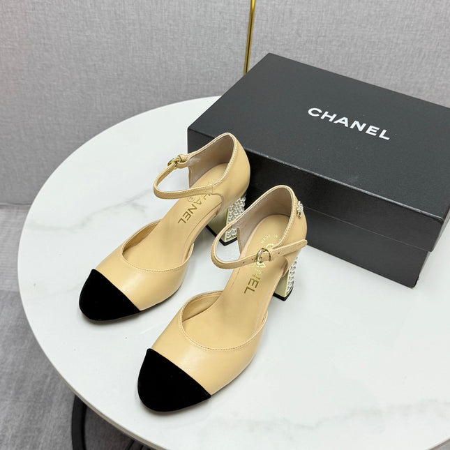 CC MARY JANE HEELS 25S IN BEIGE LAMBSKIN AND SUEDE WITH PEARL HEEL STYLE 3