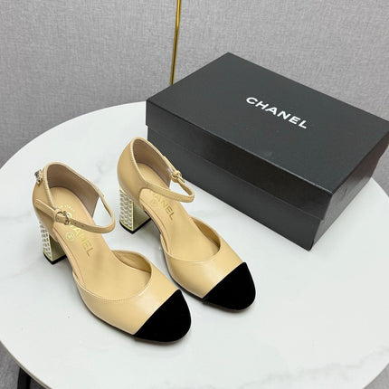 CC MARY JANE HEELS 25S IN BEIGE LAMBSKIN AND SUEDE WITH PEARL HEEL STYLE 3
