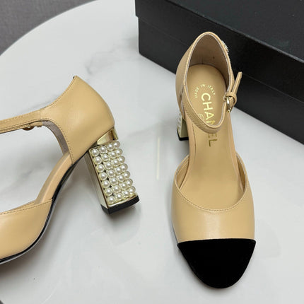 CC MARY JANE HEELS 25S IN BEIGE LAMBSKIN AND SUEDE WITH PEARL HEEL STYLE 3