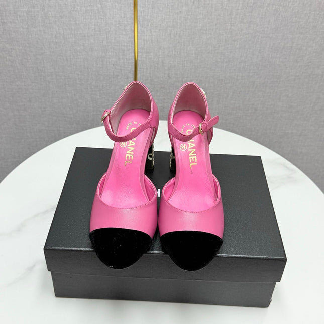 CC MARY JANE HEELS 25S IN PINK LAMBSKIN AND BLACK SUEDE WITH PEARL HEEL STYLE 1